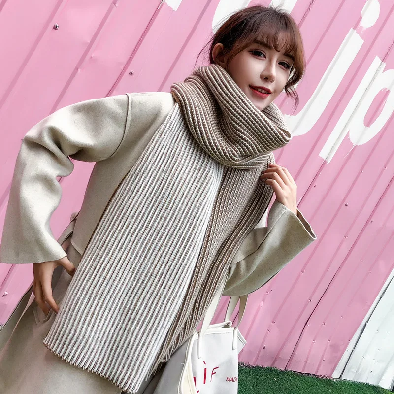 Autumn and winter new two-color knitted wool scarf female Korean students fashion hundred plus thick warm couple neck |