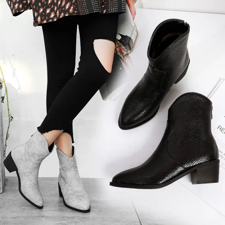 Winter Boots Women Pointed Toe Med Square Heel Zip Riding, Equestrian Snake Rome Black Gray Yellow Ankle Boots for Women Shoes