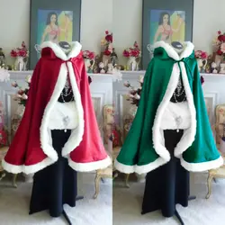 Women Fluffy Trim Velvet Hooded Cloak Santa Claus Cape Outwear Halloween Christmas Fancy Cosplay Costumes