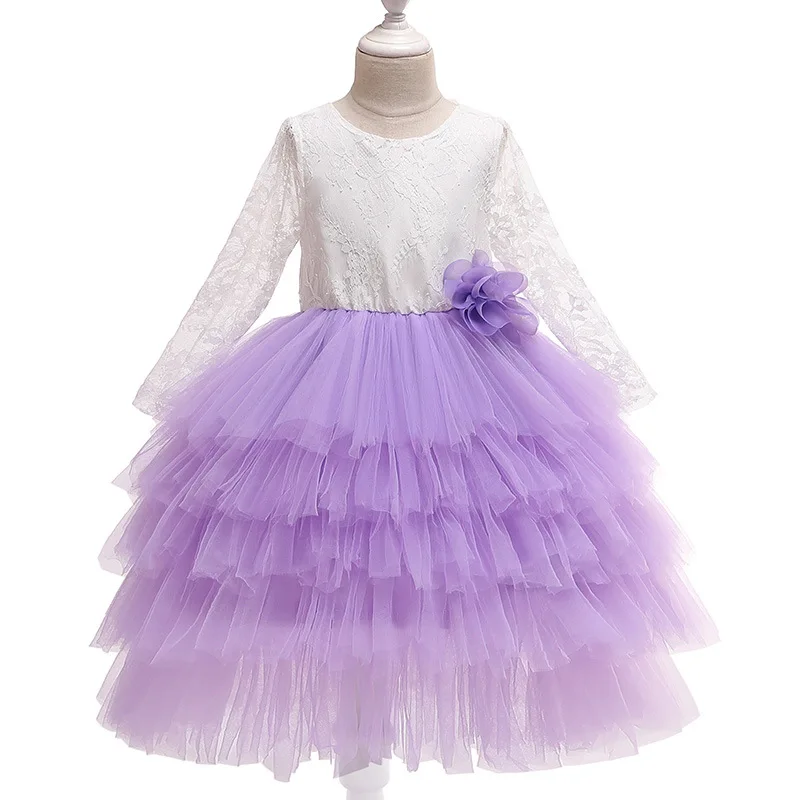 Purple Коллекция года, рождественское платье-пачка с длинными рукавами Детские платья для девочек, одежда кружевное платье принцессы элегантные вечерние платья на свадьбу для детей возрастом от 2 до 8 лет - Цвет: Purple
