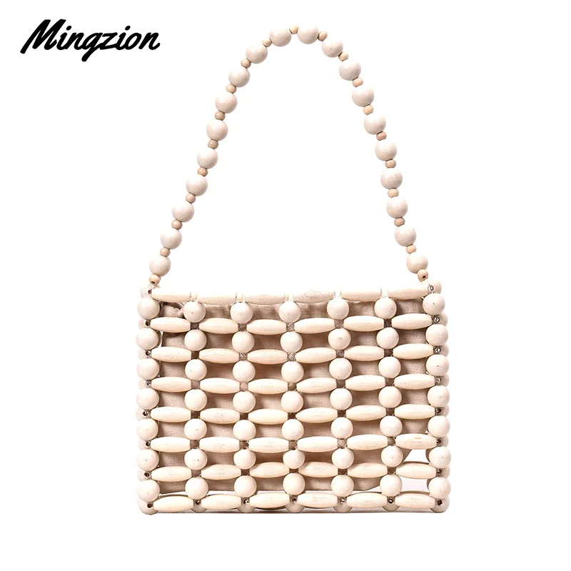 

Mingzion Bamboo Beach Bag For Women 2019 Natural Wooden Beads Handbag Ladies Antique New Ins With The Same Paragraph Hand Bag