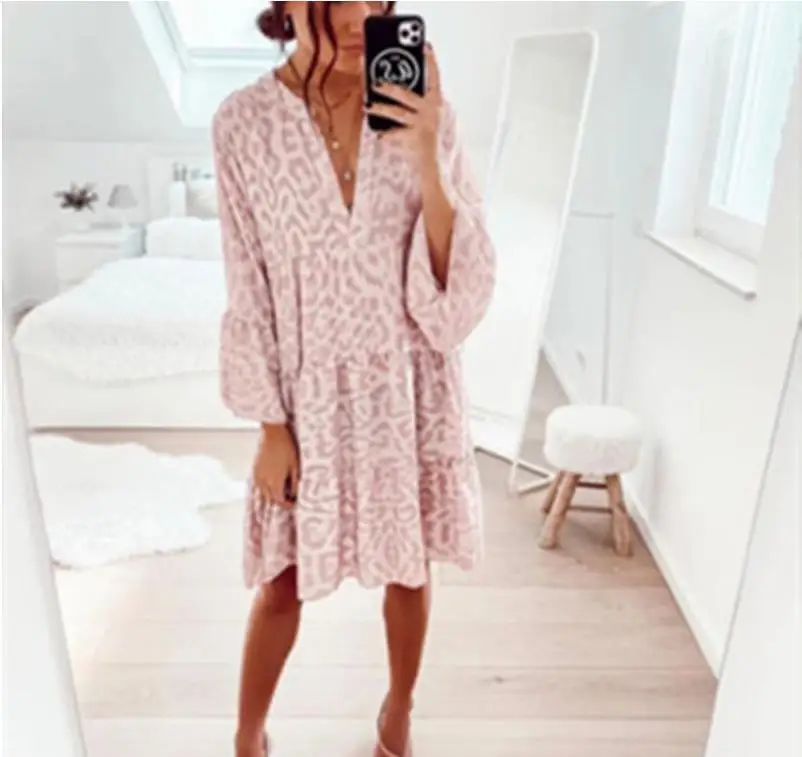 Vestido de las mujeres de moda de verano lindo Rosa leopardo estampado con cuello en v vestido casual de moda cuello en v sexy de Manga mariposa vestido