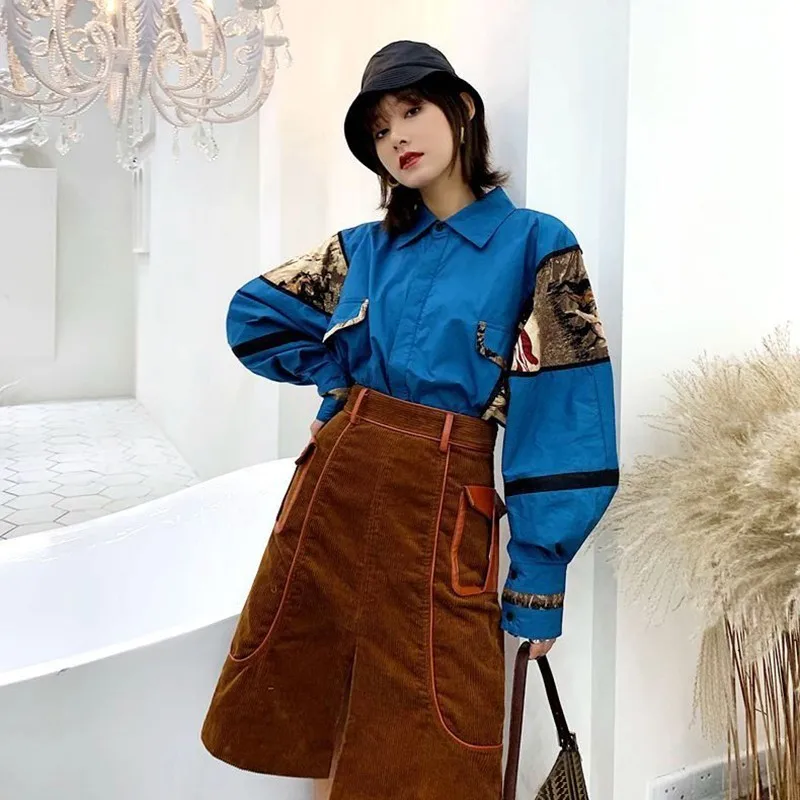 TWOTWINSTYLE Лоскутные рубашки для женщин с длинным рукавом "летучая мышь" негабаритных Блузка Топы женские винтажные осень модная одежда Новинка