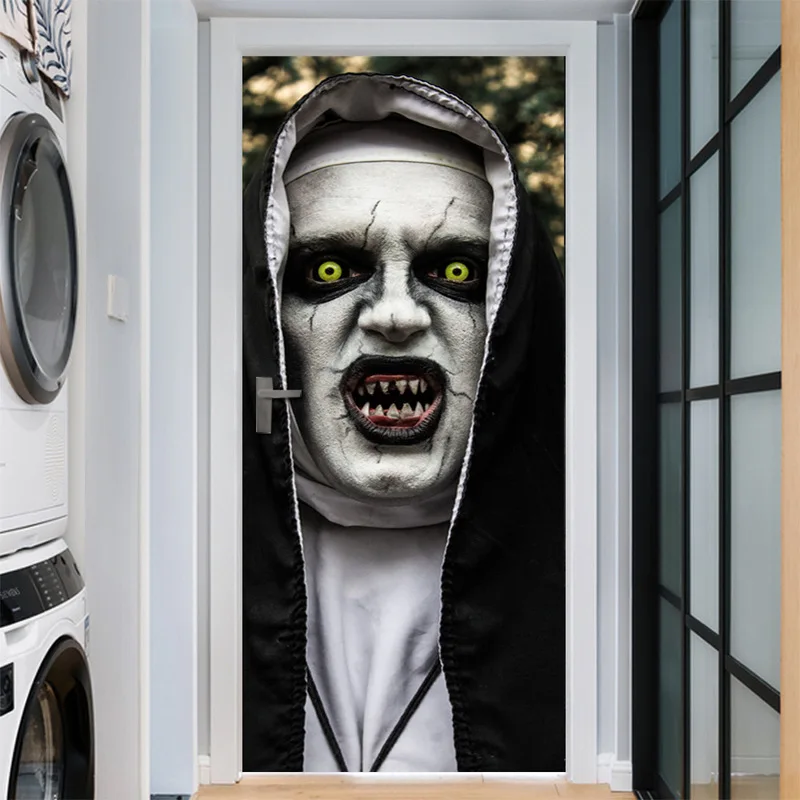 Halloween Creative Horror Door Stickers Nun with Vampire Teeth 3D Art Wall Sticker Scary Halloween Party Props Home Decor Halloween Creative Horror Door Stickers Nun with Vampire Teeth 3D Art Wall Sticker Scary Halloween Party Props Home Decor