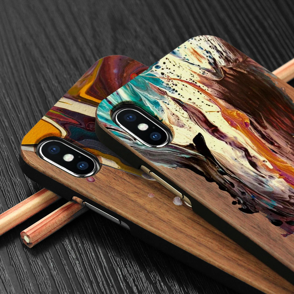 Painted ink color printed wooden phone case for iphone X XS XR max 6 7 8 plus PC Chinese style graffiti wooden shell