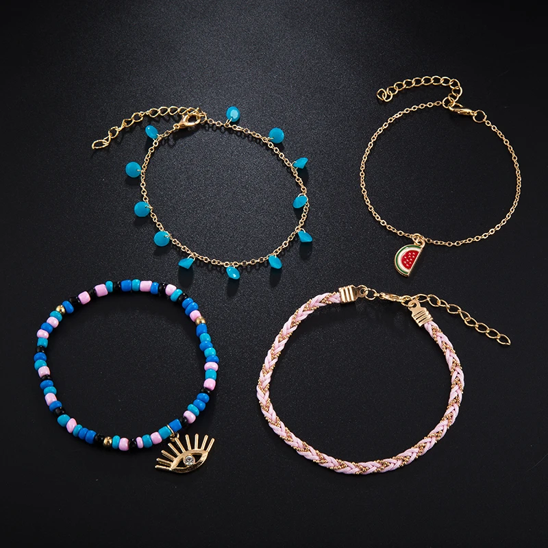 Docona Boho 4pcs/sets Colorful Beaded Anklets Summer Watermelon Eyes Pendant Rope Feet Bracelets Women Accessories 8369 - Image 4