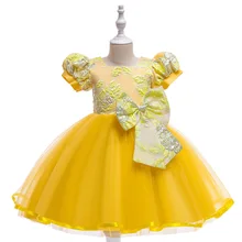 NEW Flower Girls Dresses Cute Little Printing Short Sleeves Yellow Tutu Tule Pageant Gowns Prom Kids Communion Dresses
