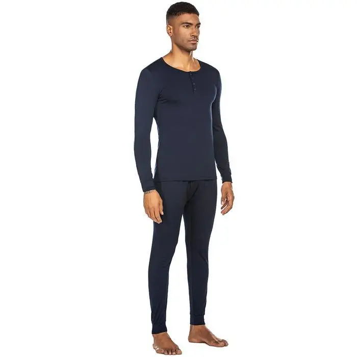 Ekouaer Men Nightwear Pajamas O-Neck Long Sleeve Solid Pullover Button Tops Full Length Pants Pajama Set Autumn Winter Sleepwear