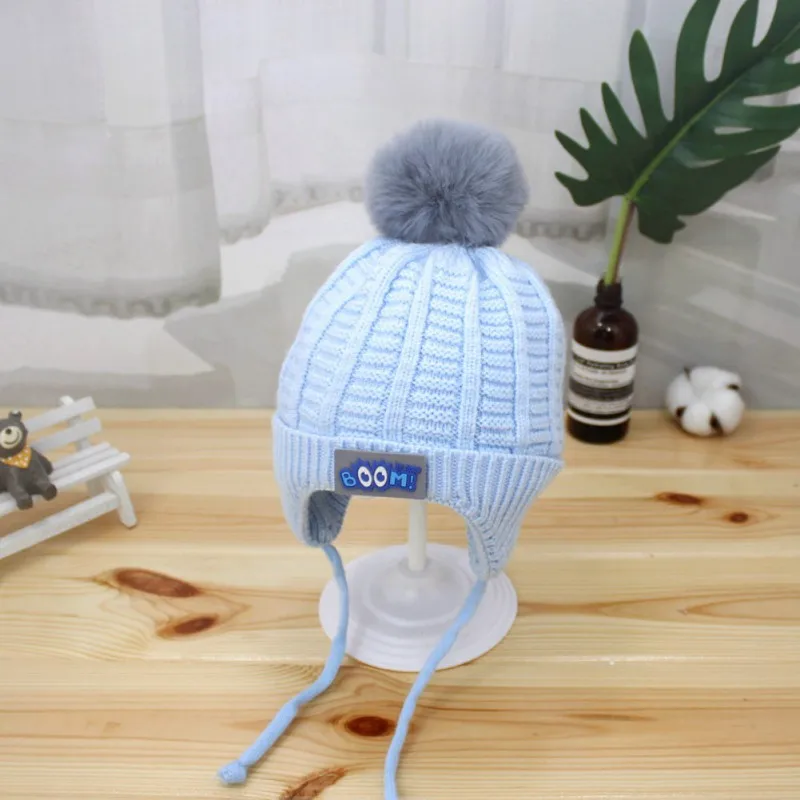 Autumn Winter Baby Boy Girl Hat with Pom Pom Cartoon Lace-up Children Kids Baby Bonnet Knitt Cap for 1-3 Years 5 Colors