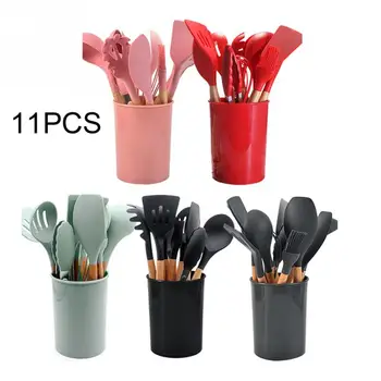

11pcs Frying Kitchen Utensils Set Hanging With Storage Barrel Silicone Spatula Non Stick Soup Spoon Cooking Tools Heat Resistant