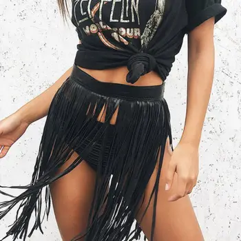 

2020 Fashion Hippie Boho Women Fringe Tassel PU Leather High Waist Short Skirt Summer Casual Solid Beach Skirt