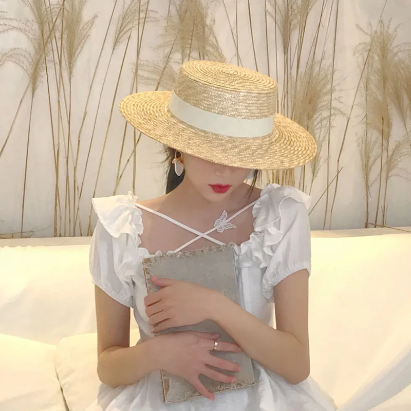 Summer Female Natural Stiff Wheat Straw Boater Fedora Top Flat Hat