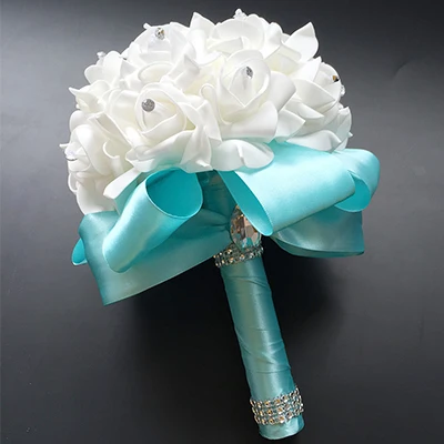 Tiffany blue Красивый белый цвет слоновой кости Свадебный букет невесты искусственный цветок розы Букет кристалл свадебные букеты - Цвет: Tiffany blue