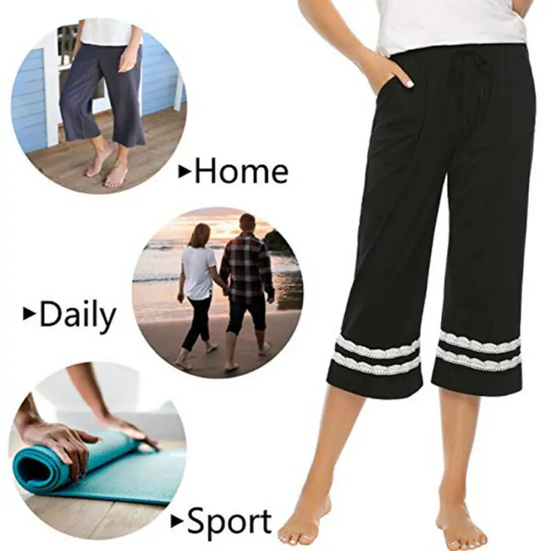 Women's Sleepwear Pajama Cotton Pants Sleep Cropped Lounge Bottoms Adjustable Women Sleep Bottoms 3FS