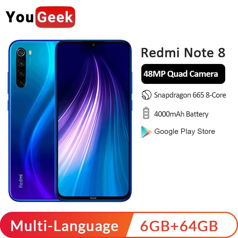 Смартфон Xiaomi Redmi Note 8 с глобальной прошивкой, 6 ГБ, 64 ГБ, Восьмиядерный процессор Snapdragon 665, четырехъядерный процессор 48 МП, камера заднего вида, 6,3 дюймов, AMOLED экран, 4000 мАч