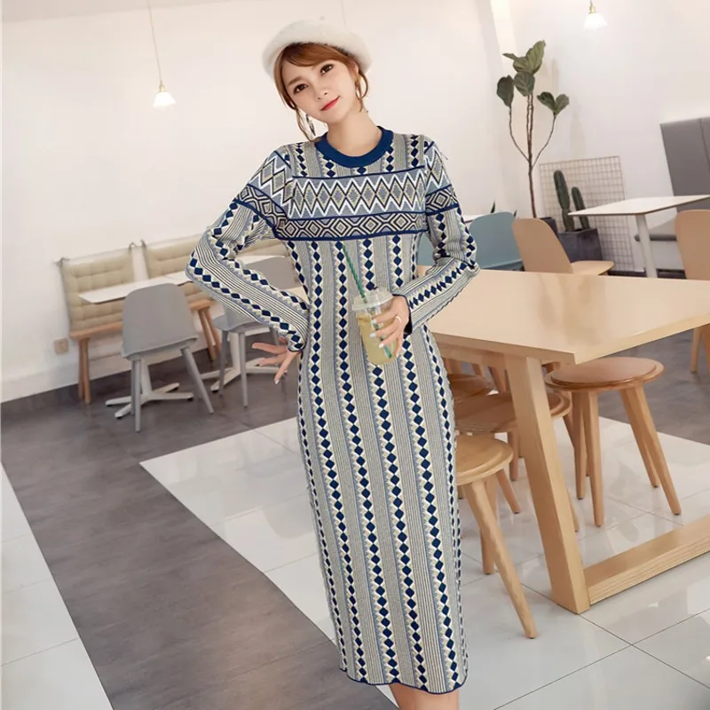 

2019 New Runway Autumn winter Women Sweater Slim Knitted dress Long Thin knitting Sweater Elegant vintage O-neck Dresses vestido