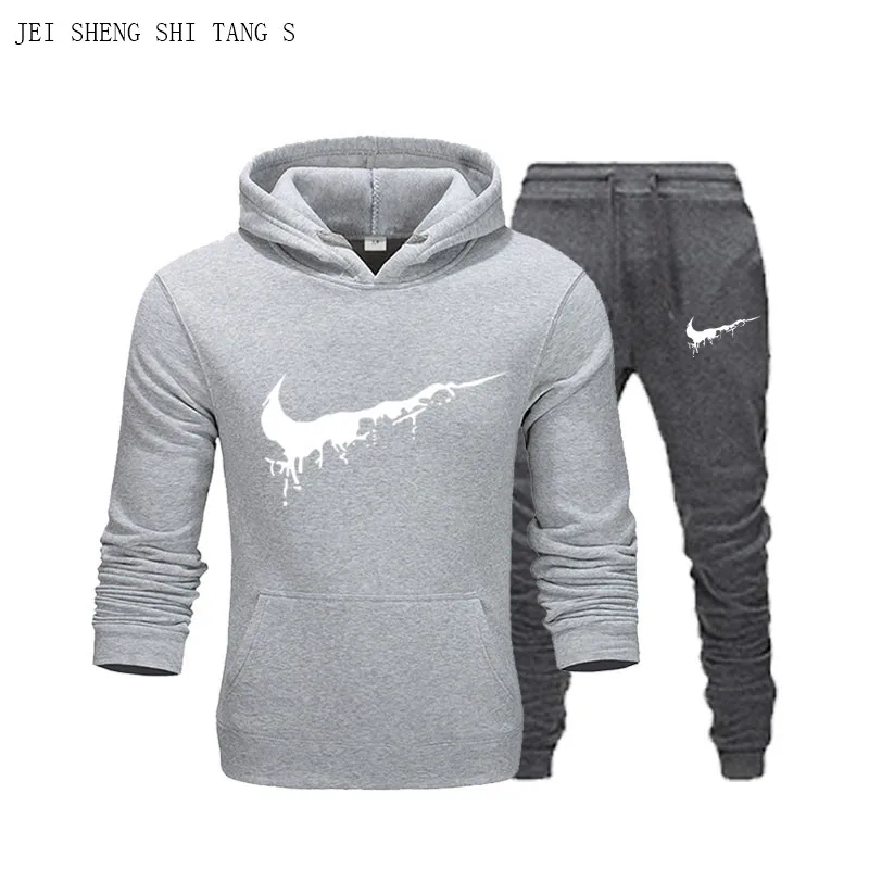 

Genuine JEI SHENG SHI TANG S New Men's Hoodie Winter Mixed Cotton Fleece Solid Color Printing Loose Hoodie+DarkGrey Casual Pants