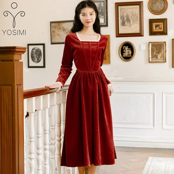 

YOSIMI 2020 Spring Vintage Mid-calf Full Seeve Velvet Women Dress Elegant A-line Dress Red Wine Fit and Flare Female Vestidos
