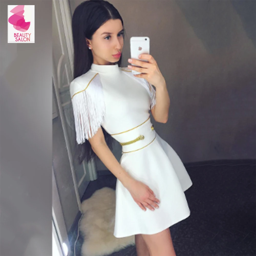 

New White Red Black Bandage Bodycon Dress Tassel Sleeve 2019 Fashion Women Party Club Military style uniform Dress
