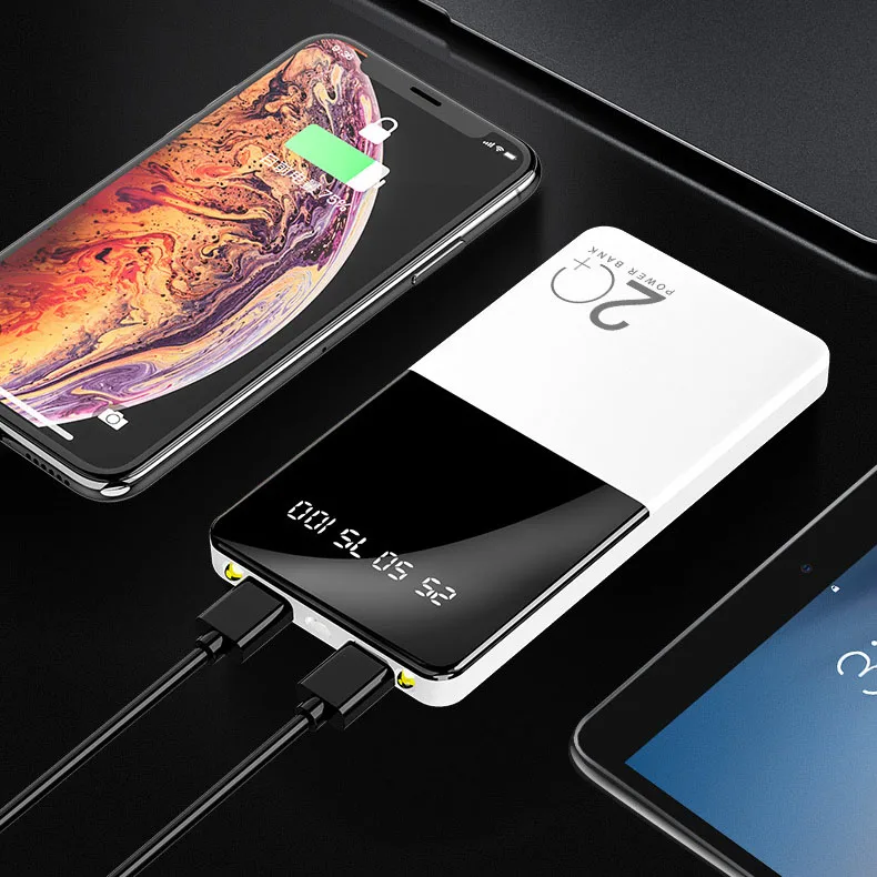 20000mAh power Bank ультратонкая Портативная зарядка с цифровым дисплеем, светодиодный внешний аккумулятор с фонариком для телефона