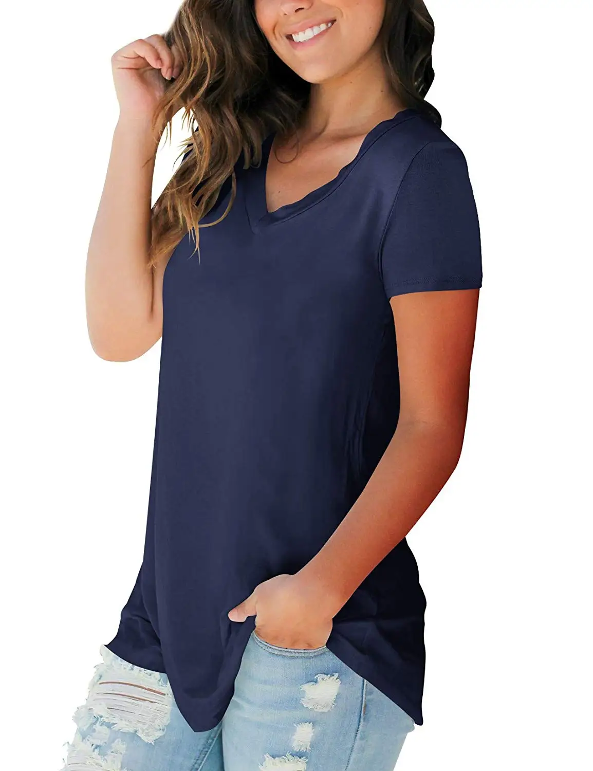 

SE1515 Women's Tops Short Sleeve V Neck T Shirts Summer Basic Tees with Pocket