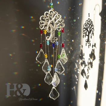 

H&D Crystal Maple Leaf Prisms Suncatcher Window Hanging Tree of Life Ornament Rainbow Maker For Car Charm Home Garden Pendant