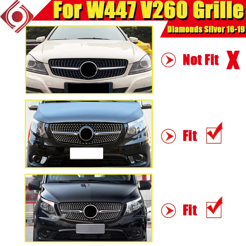 Для Mercedes MB W447 Vito V250 V260 передний бампер Алмазная решетка гриль решетки ABS глянцевый серебристый без камеры добавить на стиль 16-19