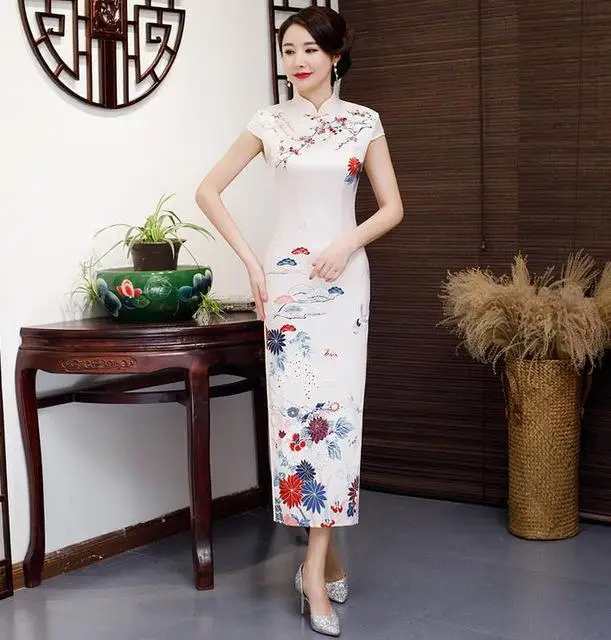 Платье с цветочным принтом женские современные Qipao платье размера плюс 3XL-5XL Новинка Cheongsam классический длинное платье Винтаж Кнопка китайские платья - Цвет: Style E