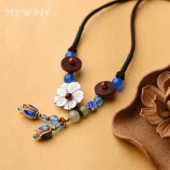 

MYWINY wooden necklace shell flowers,ethnic exotic necklace,handmade Aventurine vintag necklace,Drip alloy cloisonne jewelry