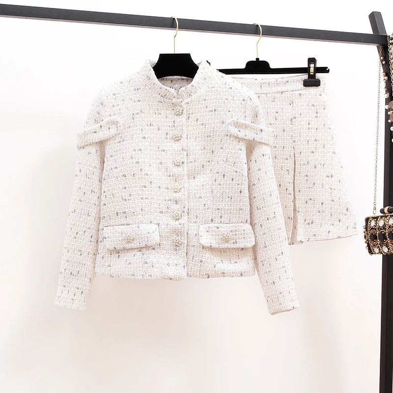 New Autumn Winter Elegant Women Tweed Two Piece Set White Striped Wool Jacket Crop Coat+ Bodycon Mini Skirt Set With Belt