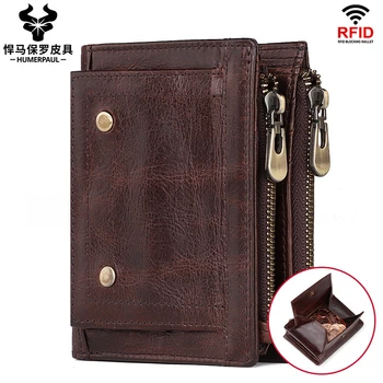 

ZZSLHL RFID Men Wallets Cow Leather Bifold Hasp Vintage Short Male Purse Coin Pouch Multi-functional Cards Wallet