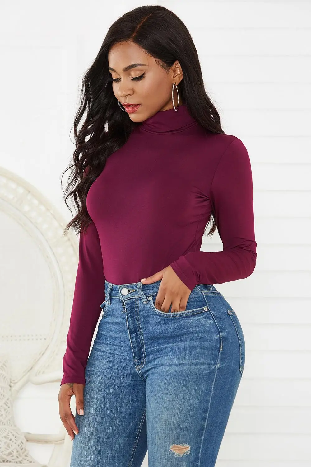 YD3501 Wine Red Весна осень женский сексуальный облегающий боди с высоким воротом и длинным рукавом, однотонный Повседневный облегающий черный красный короткий комбинезон, женский комбинезон - Цвет: YD3501 Wine Red