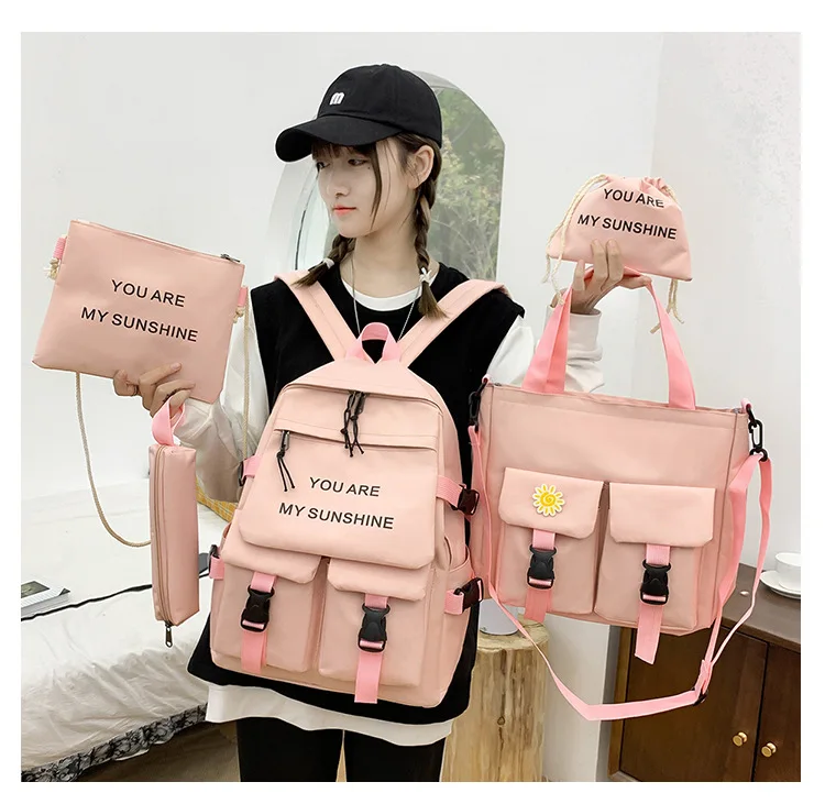 Fengdong 5pcsset school backpack for teenage girls handbag shoulder bag set student backpack schoolbag for girls kids bookbag