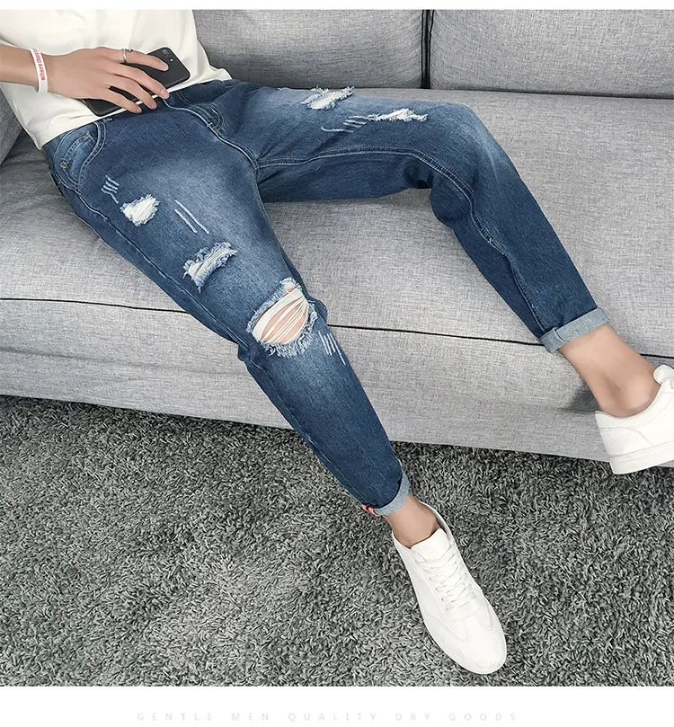С дырками капри джинсы мужские летние тонкие секции корейский стиль Slim Fit Брюки Тип мужские брюки мужские нищие 9 очков брюки