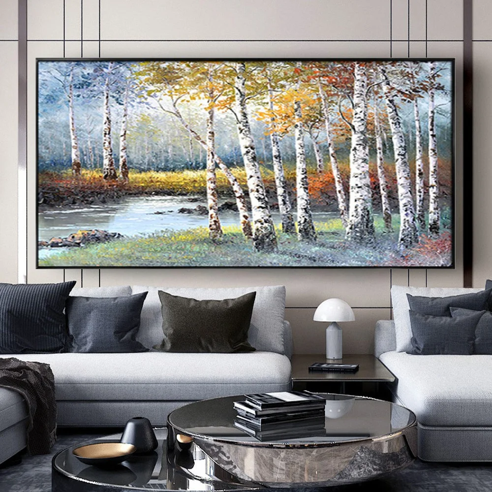 

Fashion Hand Painted Landscape Knife Thick Oil Painting on Canvas Birch Tree wall Art Modern salon Artwork For Living Room Decor