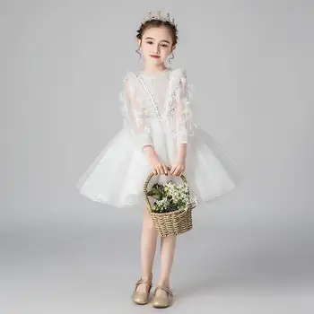 

Fluffy Tulle Party Dress White Yarn Long Sleeve Ball Gown for Wedding Princess Dress Children Clothes 2-12Y E2150