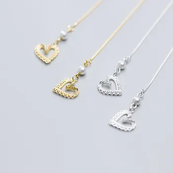 

925 Sterling Silver Love Heart Shaped Ear Threader Statement Gold Color Long Chain Dangle Drop Pearl Earrings for Women
