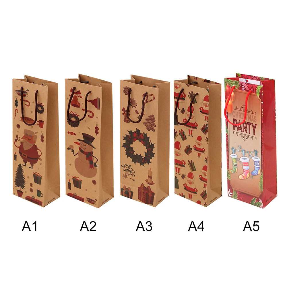 6 Pcs Christmas Gift Bags Reusable Christmas Wine Bottle Gift Bags Kraft Paper Shopping Bag Packing Bags with Handle