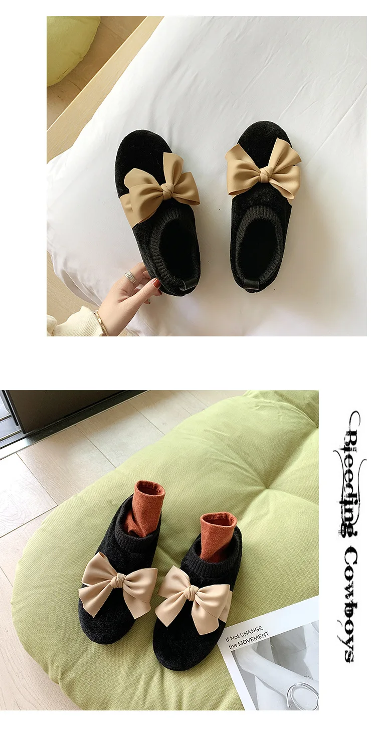 Ladies cute plush flat Cotton shoes Zapatos de mujer Flat shoes for women Fashion solid color butterfly-knot shallow mouth shoes