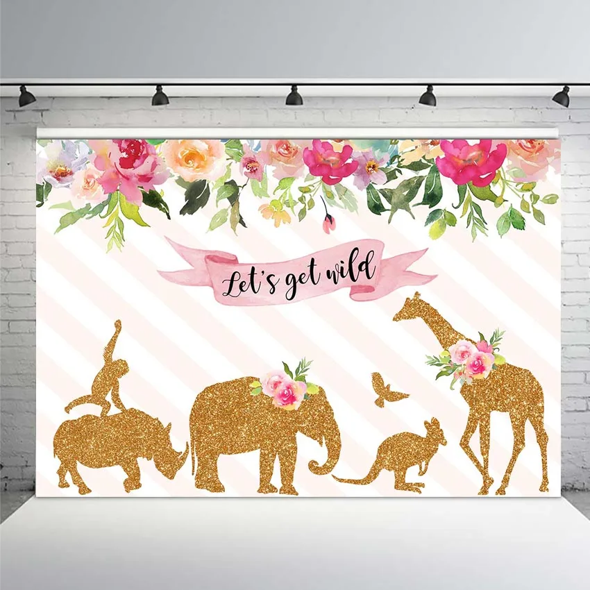 

Mehofoto Wild One Birthday Backdrop Jungle Animals Party Photo Background Gold Safari Tropical Leaves Backdrops for Boy Birthday