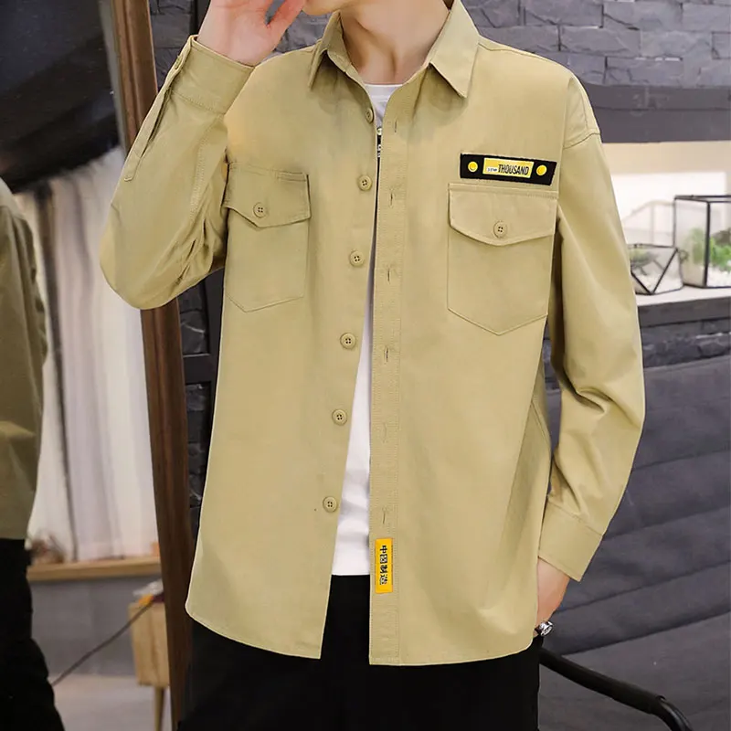 Модные мужские рубашки Slim Fit сплошной цвет Мужская рубашка двойной карман Осень черный зеленый хаки Мужская рубашка с длинными рукавами - Цвет: Khaki