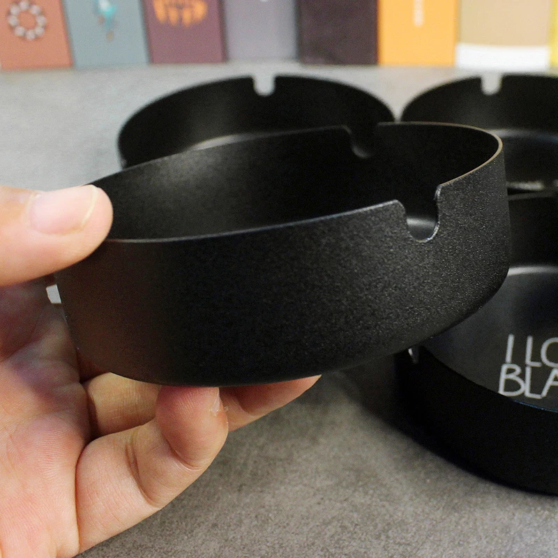 Black Matte Frosted Creative Round Metal Stainless Steel Ashtray For Bar Restaurant Made Laser Engraving Lettering