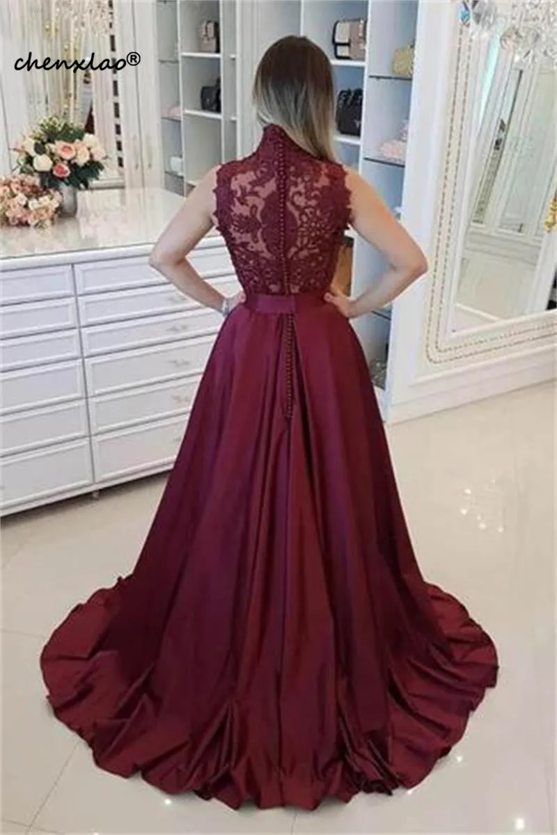 Charming High Neck Burgundy Evening Dresses Lace Satin Illusion Formal Party Gowns Appliques Sequined vestidos de festa