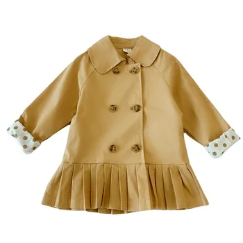 

2020 Autumn New Korean Children Pleated Skirt Coat Fashion Girl's Western Style Long Trench Coat Kids Double Breasted Jacket