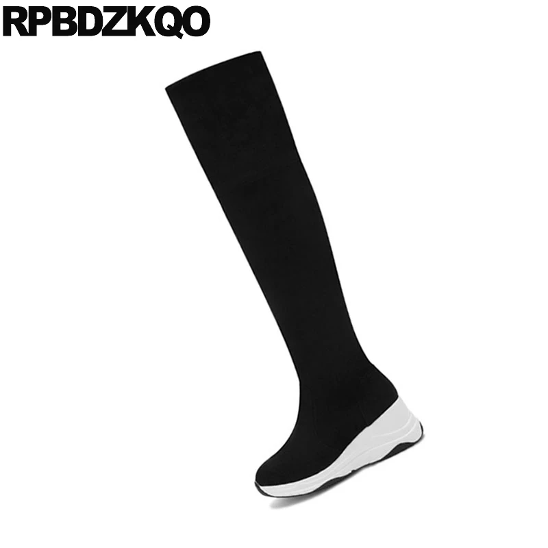 Tall Suede Slim Thigh Women Boots Stretch Wedge Muffin Knee High Black Shoes Over The Platform Elevator Luxury Flatform Long Mid