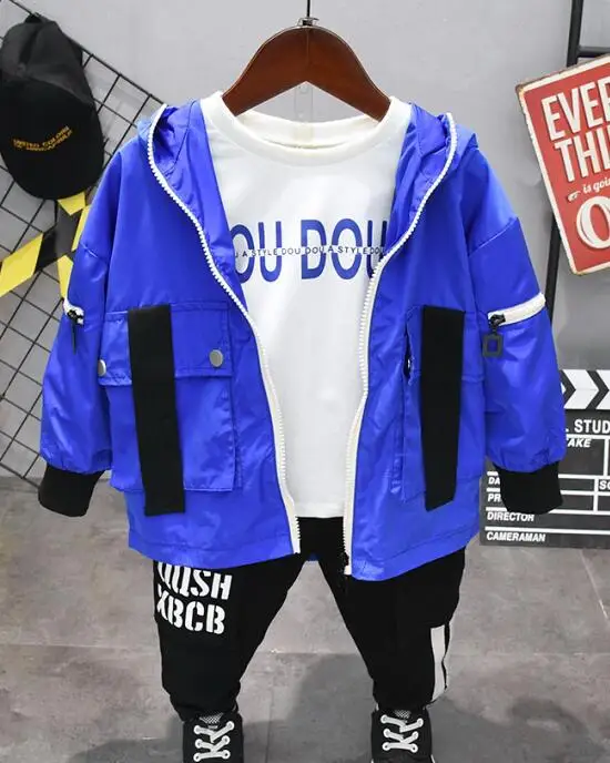 3pcs set Хлопковая одежда для маленьких мальчиков, костюмы, Демисезонный для детей ясельного возраста комплекты для детей Голубое пальто+ футболка+ Штаны 3 шт./компл. детских спортивных костюмов 2-6years - Цвет: 3pcs set
