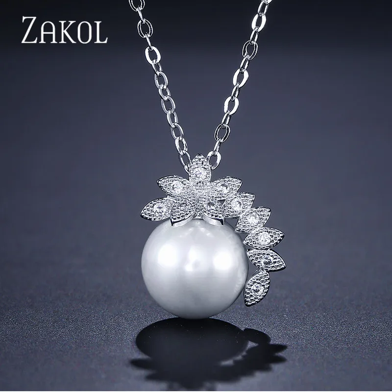 

ZAKOL Fashion White Color AAA Cubic Zircon Stone & Imitation Pearl Chain Pendant Necklaces for Women Party Gift Jewelry FSNP049