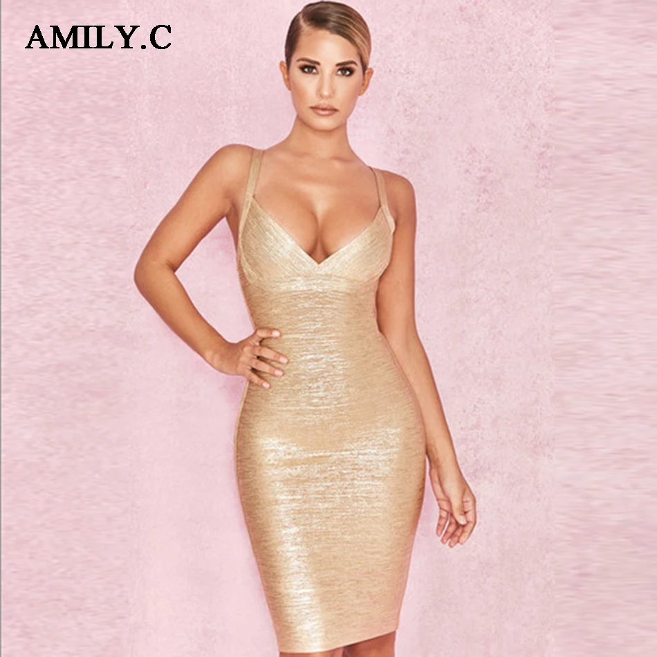 Amily. c новое летнее женское облегающее Бандажное платье Vestidos Золотое розовое золото и серебро с v-образным вырезом тонкое модное женское платье