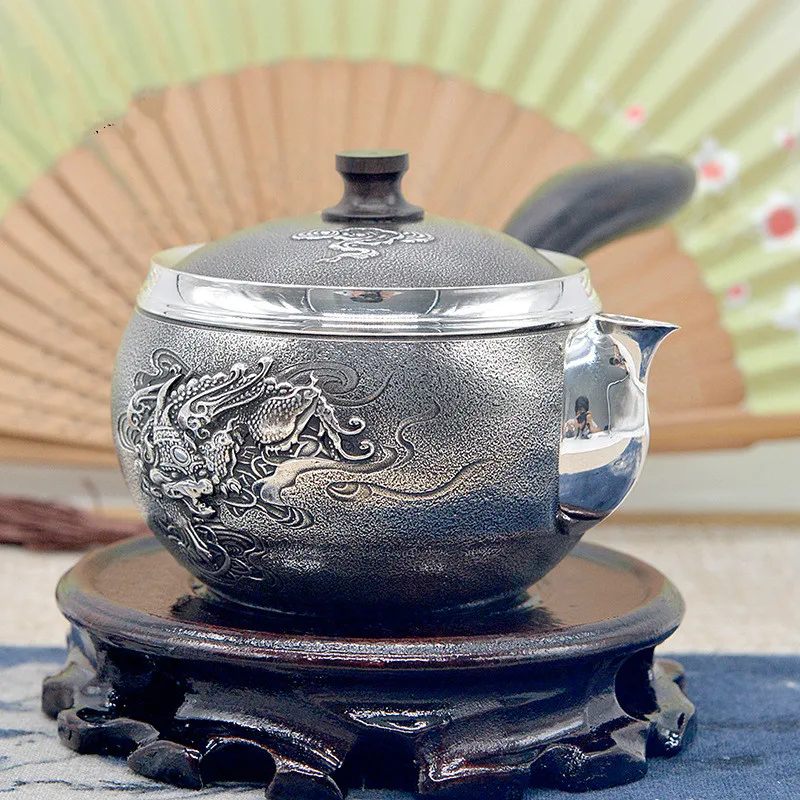 

Side Handle Xiangyun Pure Silver Teapot Foot Silver 999 Manual Silver Teapot Pure Silver Teapot Kung Fu Teapot