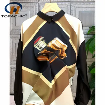 

1.7 European 2020 Spring New High end Behind the Hollow Out Lace perfume bottle Print Silk Blouse